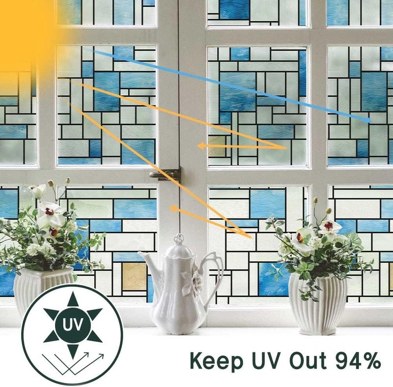 BEAUS TILE UNI Window Film Static Clings Non Adhesive 3D Stained Glass Window Decals UV Protection (Blue Beach, 37.4 x 24.4 Inch) - Image 2